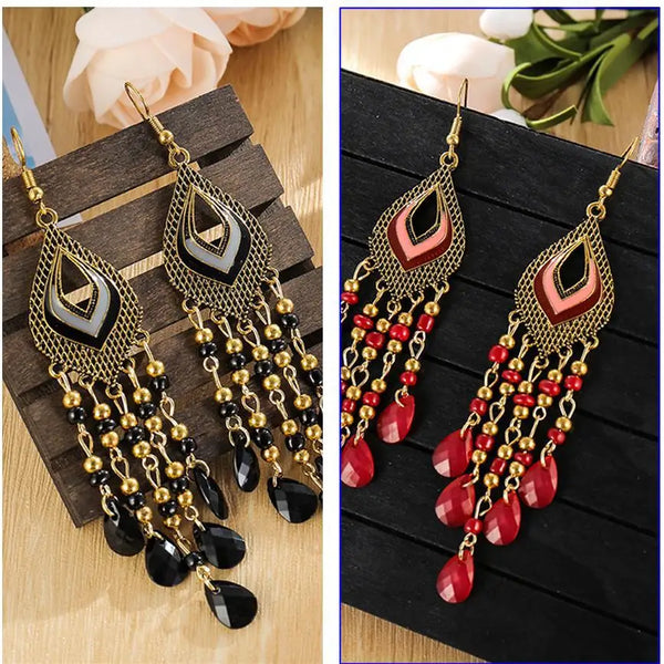 4pcs Earrings Retro Ethnic Style Heart Shaped Drops Models Black Plus Red Set
