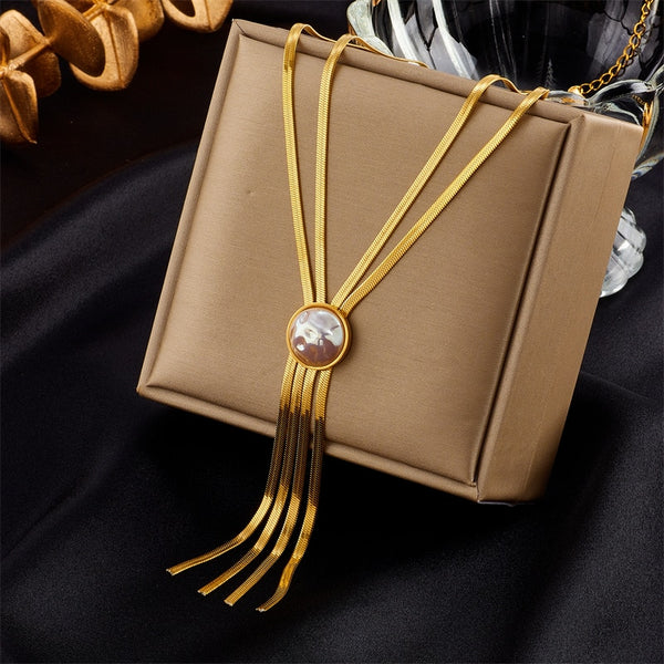 316L Stainless Steel Gold Color 2-Layer Pearl Tassel Necklace For Women