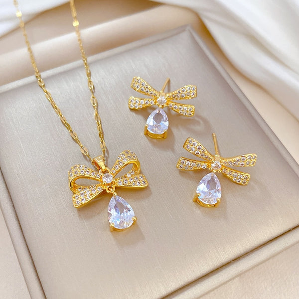 Collar y pendientes con colgante de gota de agua y lazo de acero inoxidable 316L para mujer
