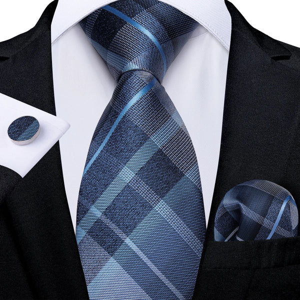 Classic Blue Check Ties for Men Handkerchief Cufflinks Wedding Party Aceessories Silk Neck Tie Set