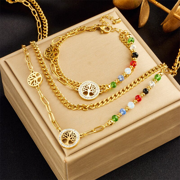 316L Stainless Steel Round Tree Colorful Beads Necklace Bracelets For Women