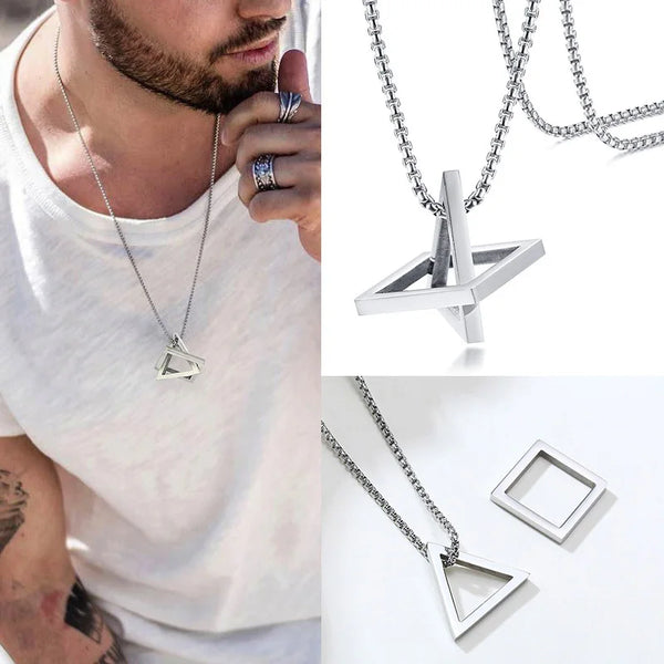 Popular Men Necklace,Interlocking Square Triangle Male Pendant