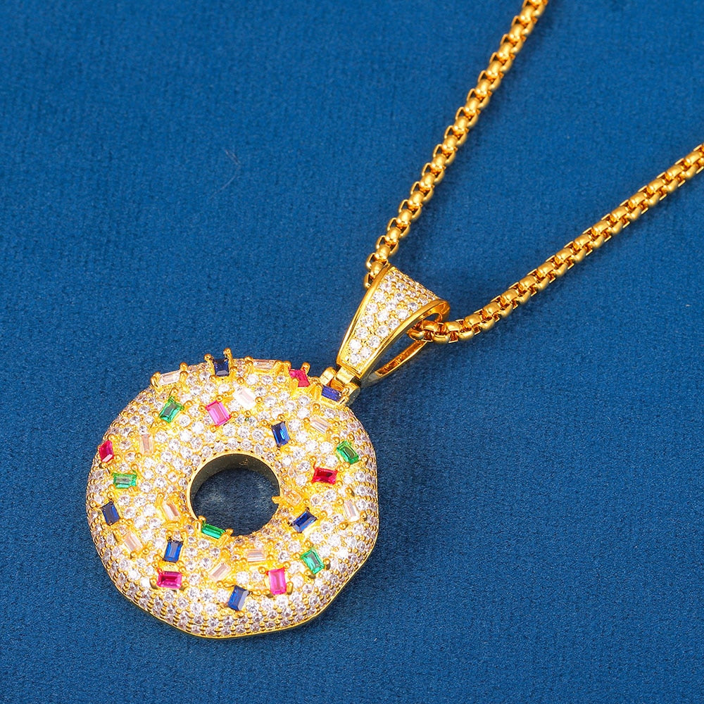 New Hip Hop Personality Necklace Color Donuts Full Of Zircon Donuts Couple For Men Women