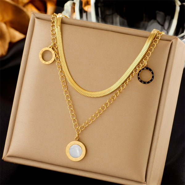 316L Stainless Steel Round Roman Numeral Dial Shell Pendant Necklace For Women