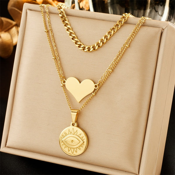 316L Stainless Steel Gold Color Heart Eye Pendant Necklace For Women