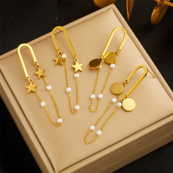 316L Stainless Steel Pentagram Pearl Tassel Pendant Earrings For Women
