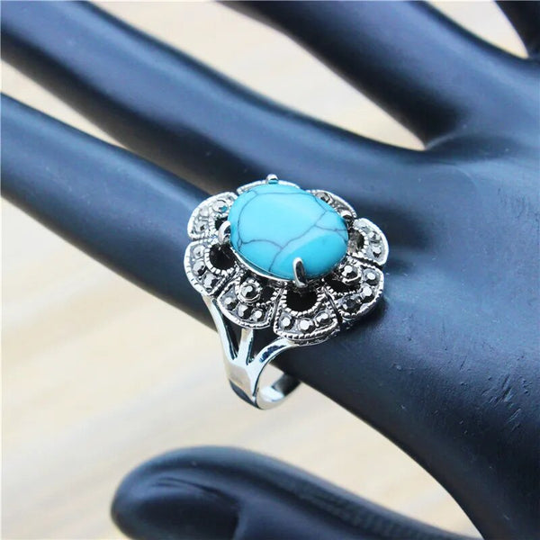 Anillos vintage de turquesa sintética con howlita y diamantes de imitación de ciruelo para mujer
