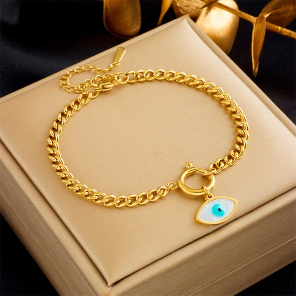 Pulsera con dije de ojo de acero inoxidable 316L color dorado y plateado para mujer