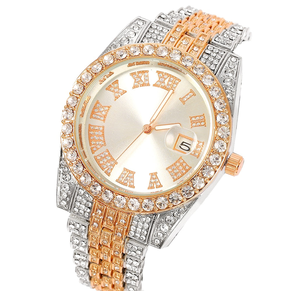 Hip Hop Bling Full Ice Out Watches Luxury Date Quartz Wrist Watches