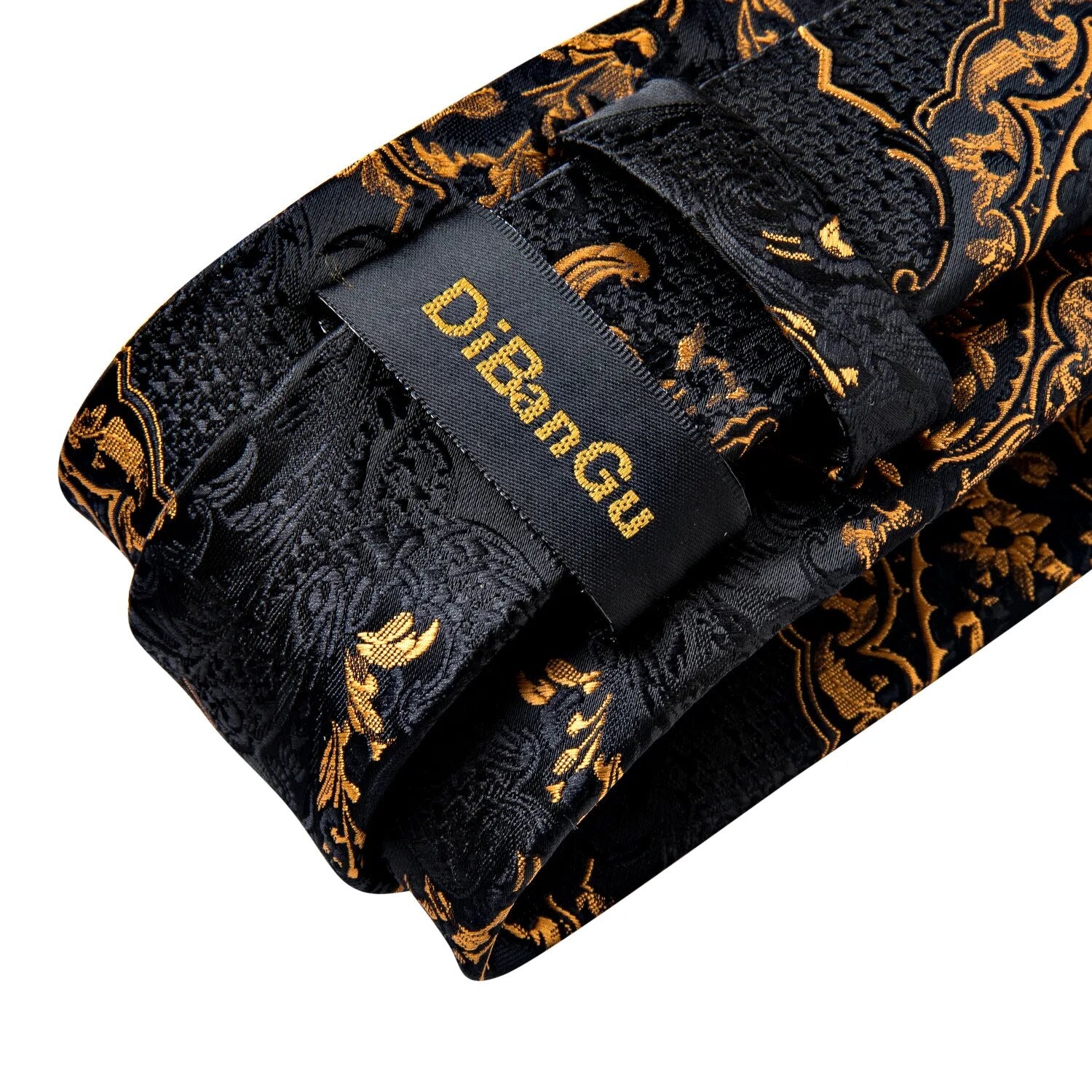 Luxury Black Gold Paisley Silk Ties For Men 8cm Men's Wedding Neck Tie Pocket Square Cufflinks Set