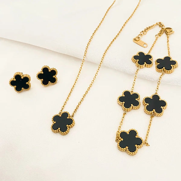 3Pcs Stainless Steel 316L Luxury Plum Blossom Plant Five Leaf Flower Necklace Earrings Bracelet for Women