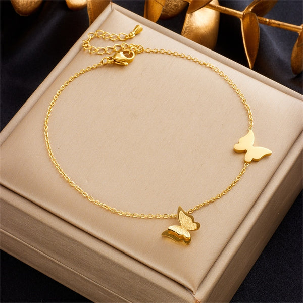316L Stainless Steel Gold Color Butterfly Charm Anklets For Women