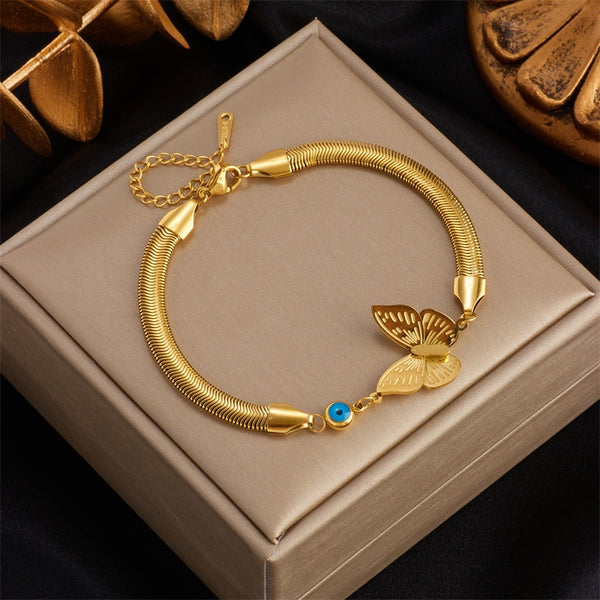 316L Stainless Steel Gold Color Blue Eye Butterfly Charm Bracelet for Women
