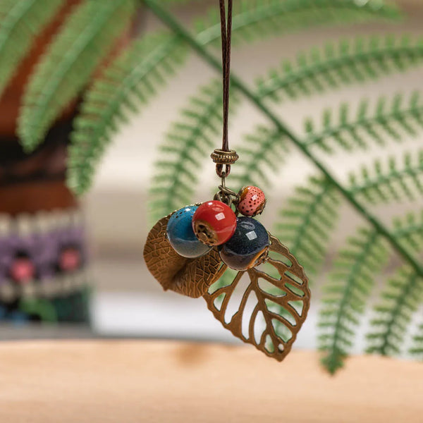 Handmade Ceramic Bead and Leaf Adjustable Necklace