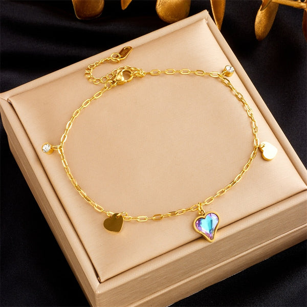 316L Stainless Steel Heart Colorful Crystal Zircon Anklets For Women