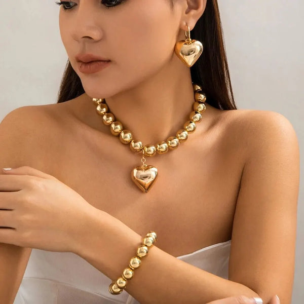 3Pcs Punk Love Heart Pendant Choker Necklace Bracelet for Women