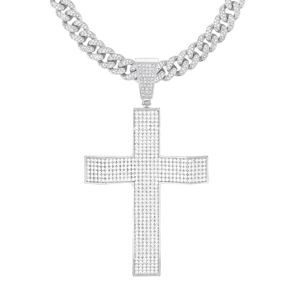 New Cross Pendant Necklace White Gold Plated Iced Full Micro Pave CZ Pendant