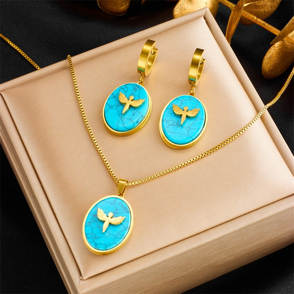 316L Stainless Steel Oval Blue Stone Cross Wings Necklace Earrings For Women