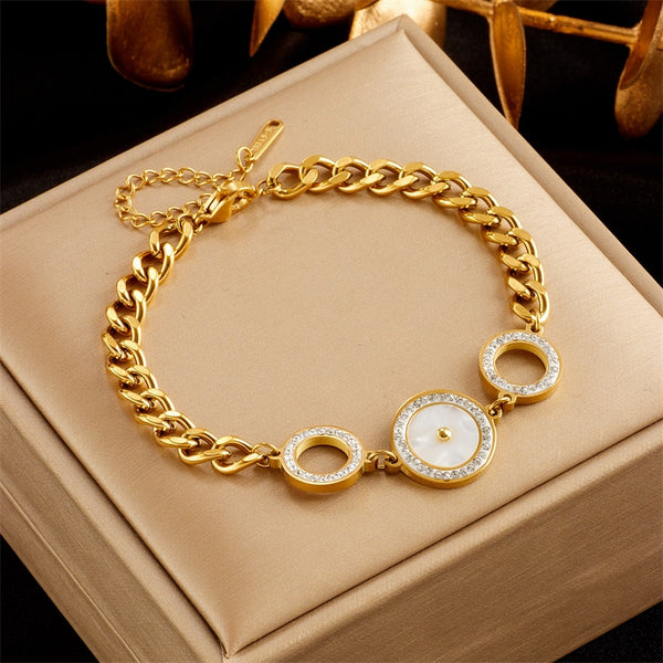 Pulsera de acero inoxidable 316L con dije de círculo verde y negro con diamantes de imitación para mujer