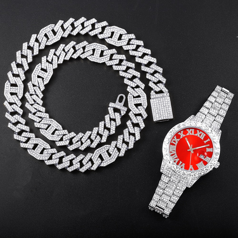 Watch Necklace For Men 2pcs/set Luxury Iced Out Watch Men