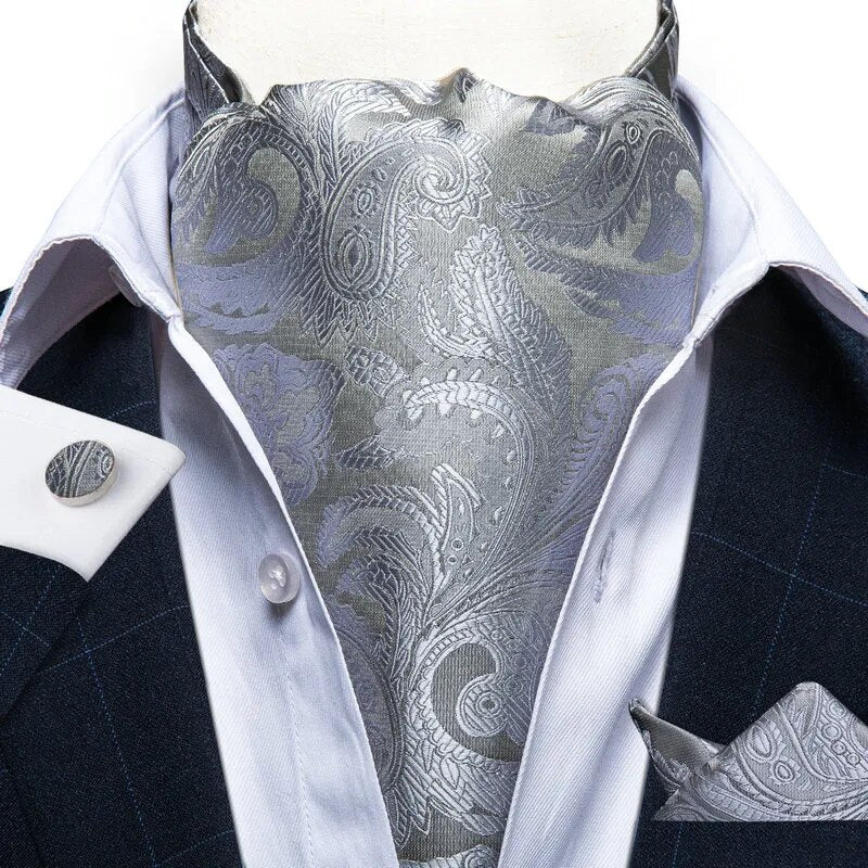 Luxury Men Gray Business Ascot Handkerchief Ring Cufflinks Set