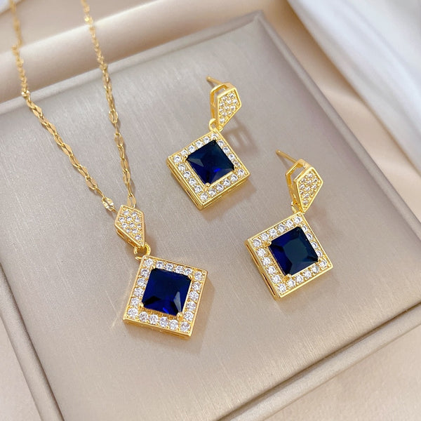 316L Stainless Steel Square Dark Blue Crystal Charm Necklace Earrings For Women