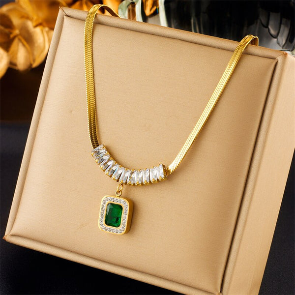 316L Stainless Steel Luxury Square Green Crystal Zircon Pendant Necklace For Women