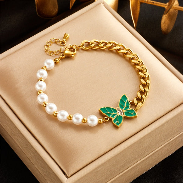 Pulsera de acero inoxidable 316L con dije de mariposa verde y perla para mujer