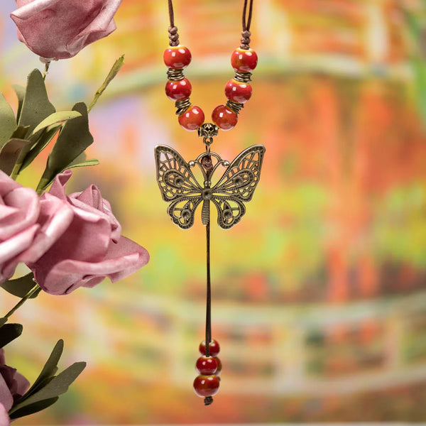 Bohemian Vintage Butterfly Necklace Ceramic Beads Adjustable Pendant