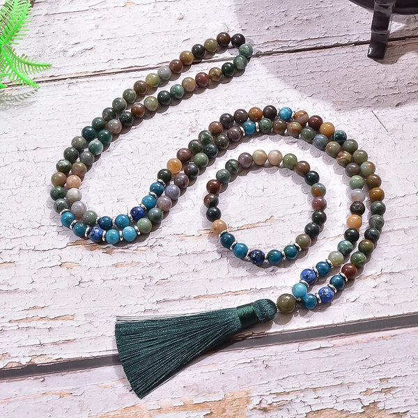 Conjunto de collar y pulsera de japamala con cuentas de ágata india, apatita y lapislázuli de 8 mm
