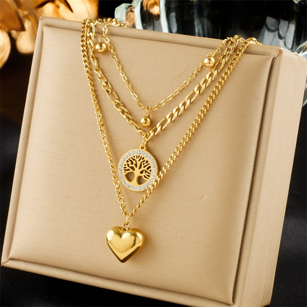 316L Stainless Steel Gold Color Heart Tree Beads Pendant Necklace For Women