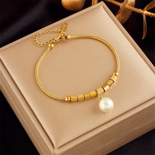 316L Stainless Steel Large Pearl Charm Bracelet For Women