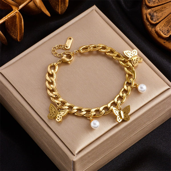 316L Stainless Steel Women Butterfly Pearl Charm Bracelet