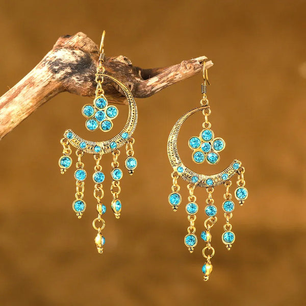 Pendientes largos étnicos vintage con borlas coloridas y diamantes de imitación para mujer