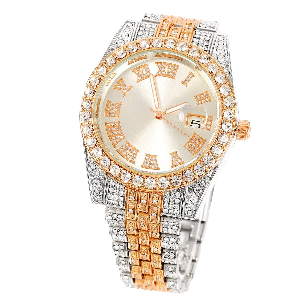 Hip Hop Bling Full Ice Out Watches Luxury Date Quartz Wrist Watches