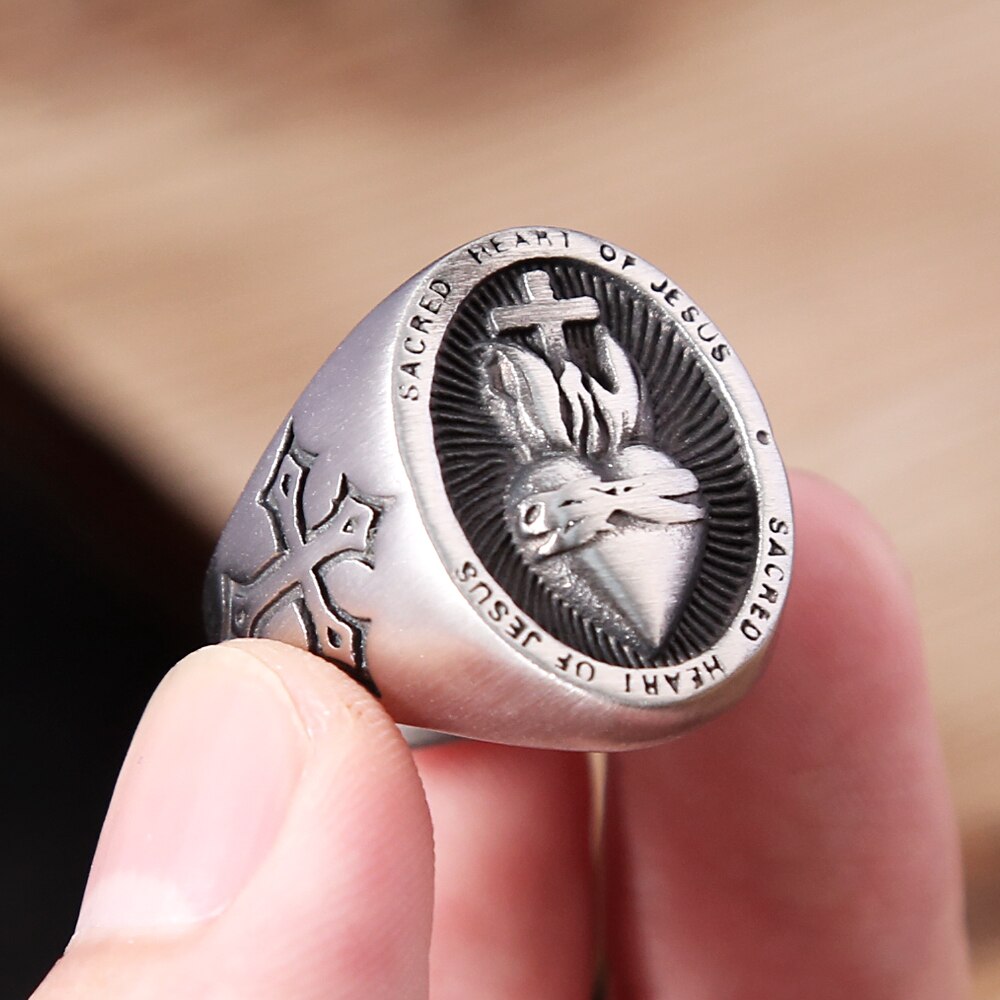 Vintage Stainless Steel Sacred Heart of Jesus Ring For Men Women ...
