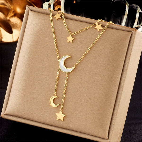 316L Stainless Steel Star Moon Long Pendant Necklace For Women