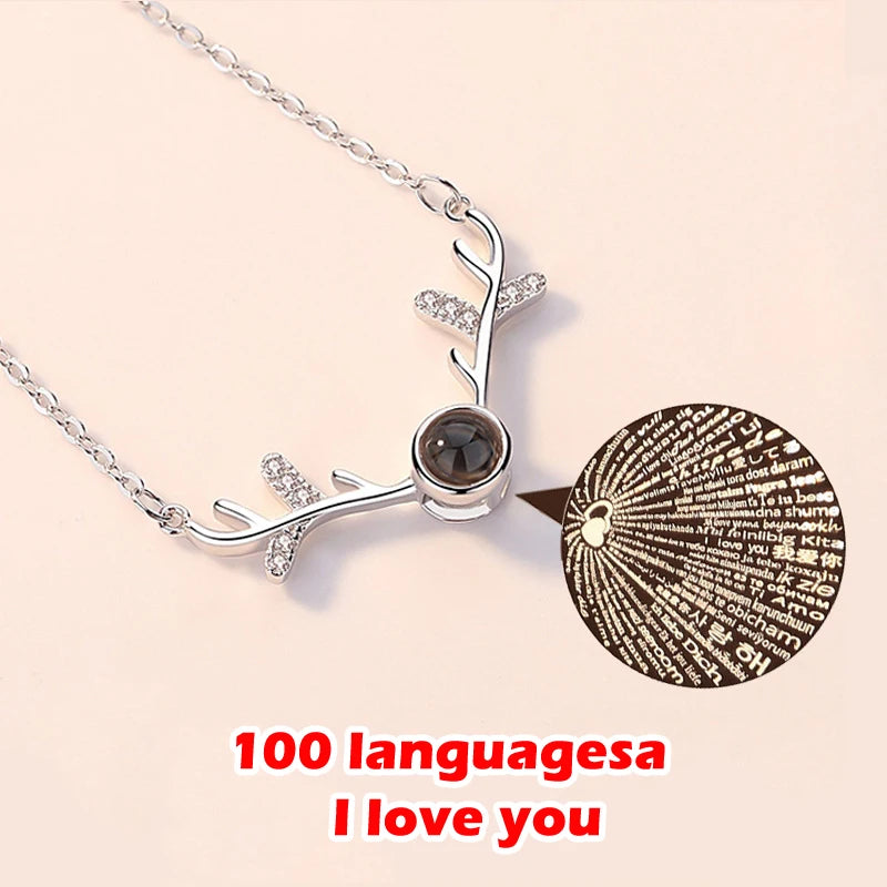 Antlers Projection Necklace With Exquisite Rose Gift Box100 Languages I Love You Pendant