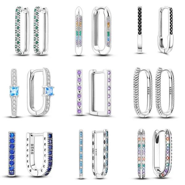 925 Sterling Silver U Shaped Inlay Zircon Hoop Earrings