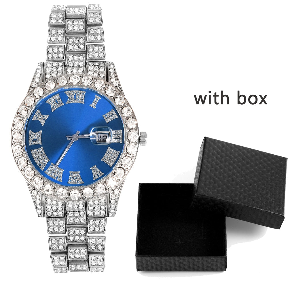 Hip Hop Full Iced Out Mens Watches Luxury Date Quartz Wrist Watches