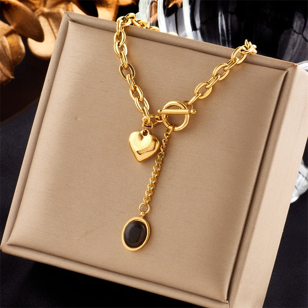 316L Stainless Steel Heart Black Stone Pendant Necklace For Women