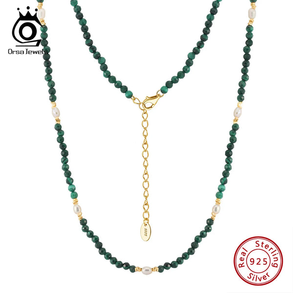 925 Silver Beads Collar Fashion Stone Green Malachite&Freshwater Pearls