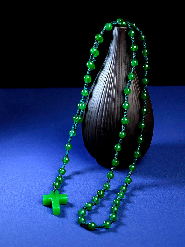 Collar con colgante de cruz de piedra natural de calcedonia, cuentas de 8 mm, collar anudado a mano