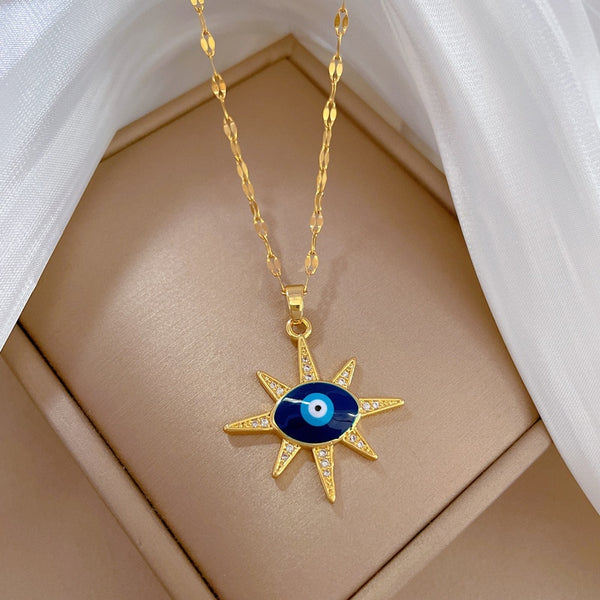 Collar con colgante de ojo azul estrellado de acero inoxidable 316L para mujer