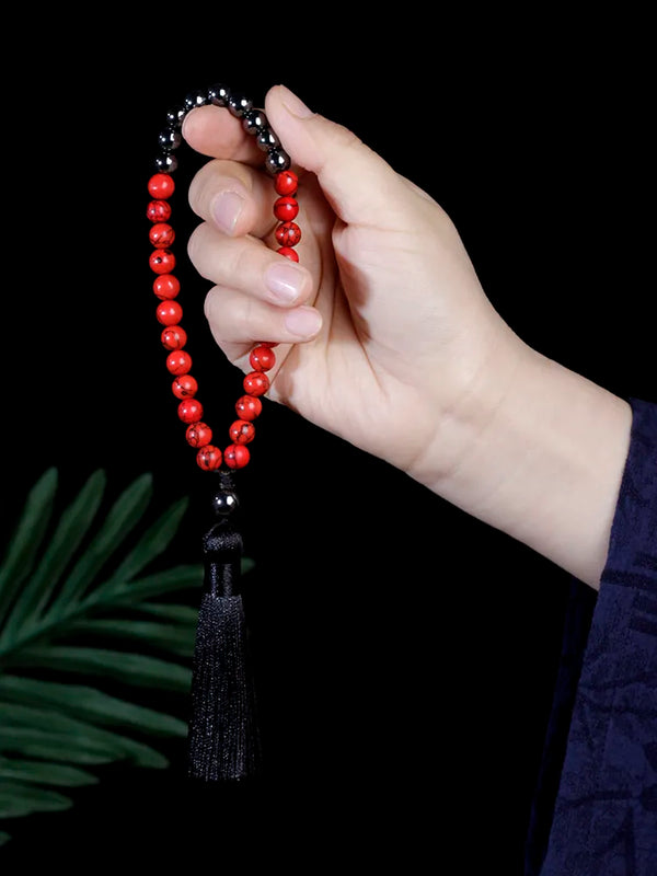 Pulsera musulmana de 33 cuentas con borlas, pulsera de cuentas de malaquita y pino rojo de 8 mm