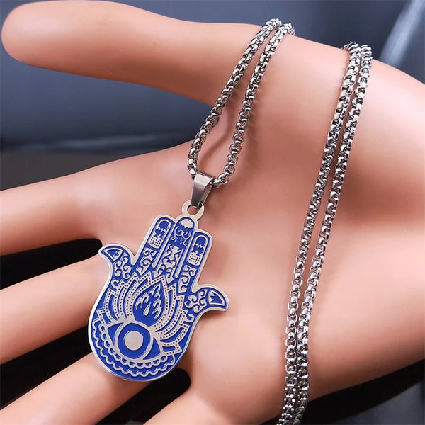 Collar de mano de Fátima de acero inoxidable color azul