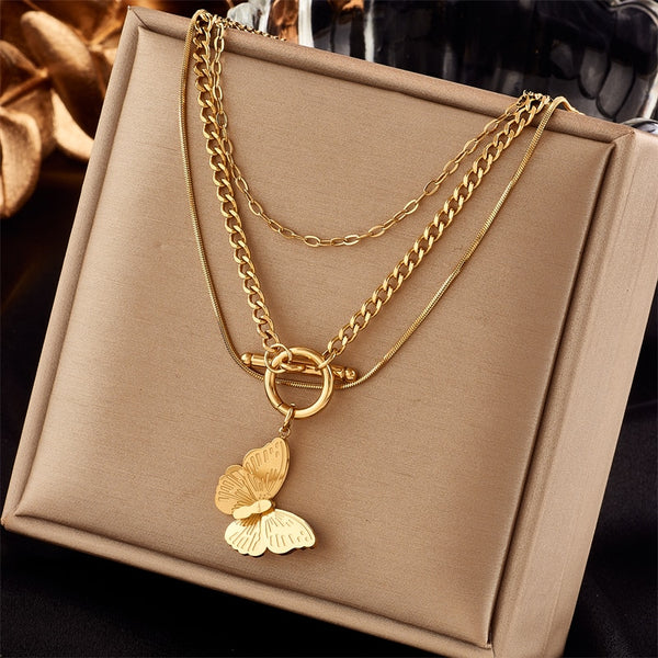 316L Stainless Steel Multilayer Big Butterfly Pendant Necklace For Women