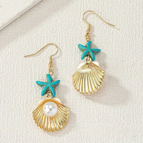 Turquoise Stone Blue Starfish Shell Drop Earrings