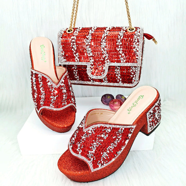 Sandalias africanas nigerianas informales de tacón bajo con cristales versátiles y boca de pez, conjunto de zapatos y bolso para banquete de boda