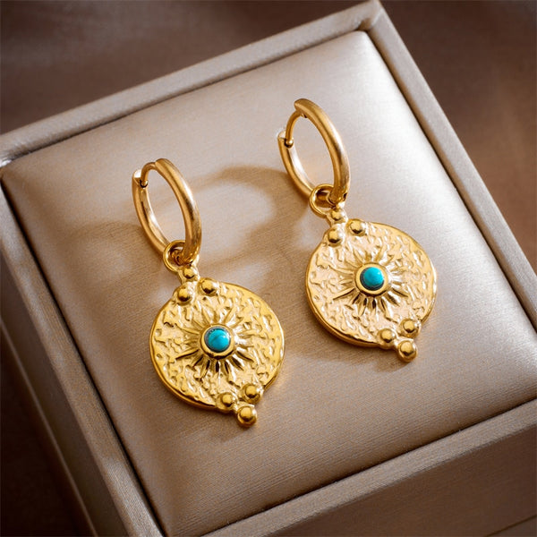 Pendientes de aro étnicos redondos de acero inoxidable 316L con piedra verde sol para mujer